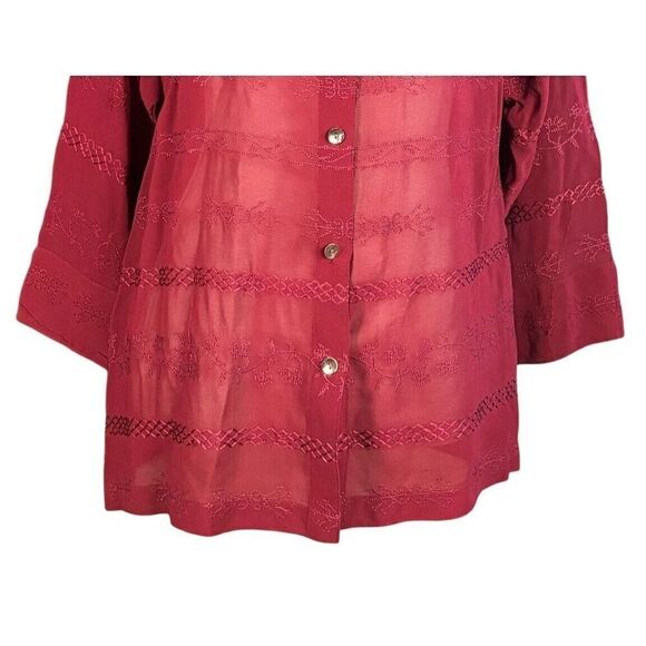 Chico's Blouse Size Large Red Sheer Button Down Embroidered 3/4 Sleeves Casual - Picture 4 of 7
